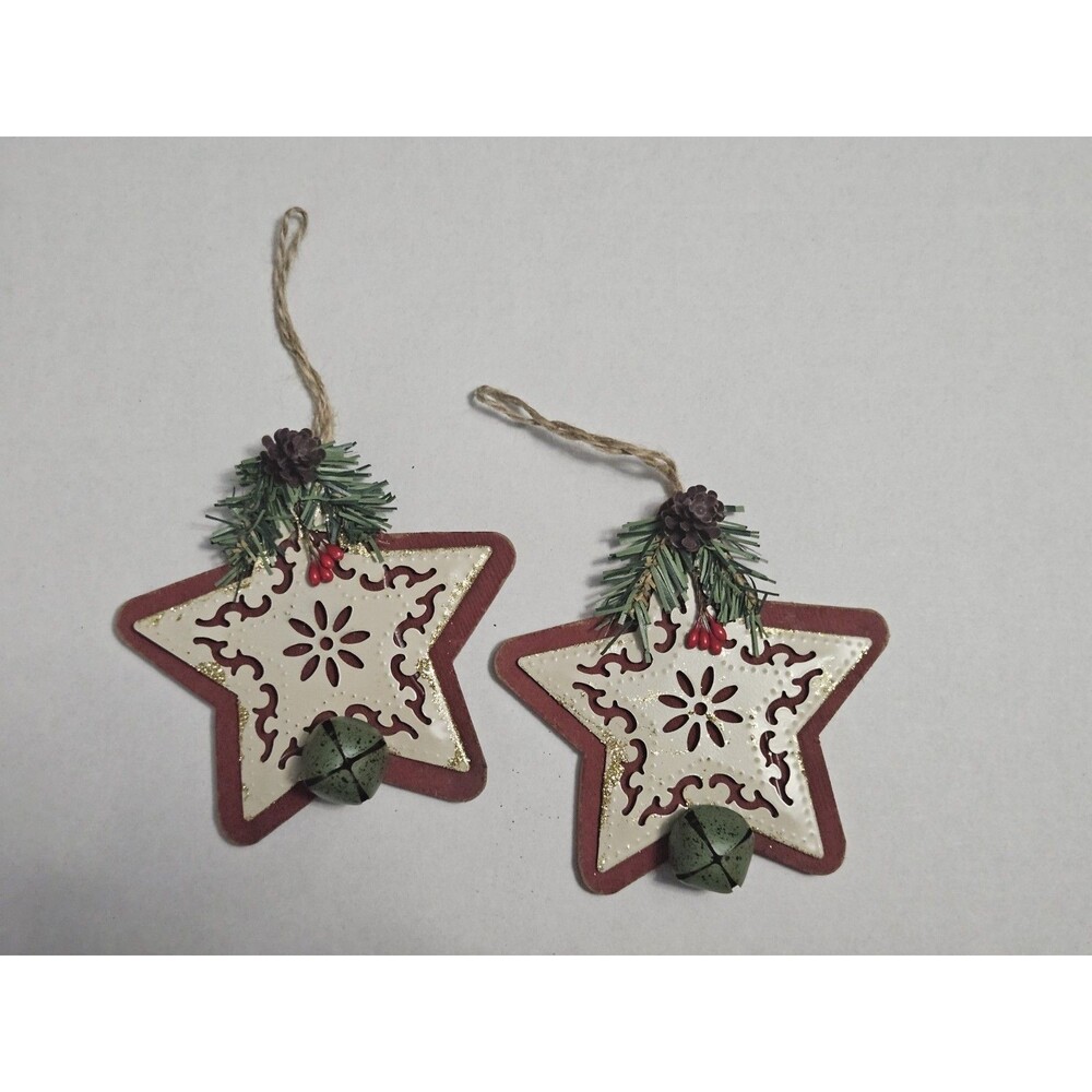 2 CT Rustic Star Pressboard Christmas Ornaments, Jingle Bell, Pine Cone
